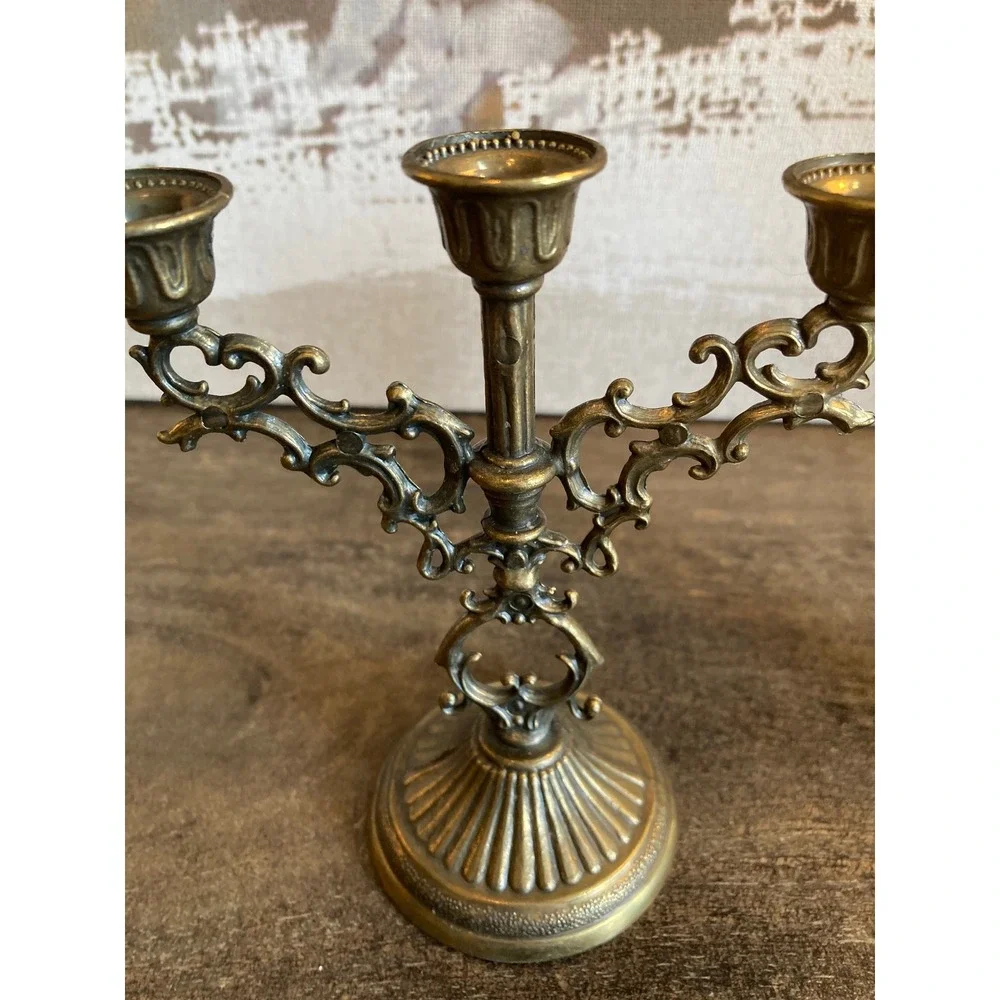Vintage Brass 3 Arm Candelabra Pair Scroll French Baroque Taper Holders 6in